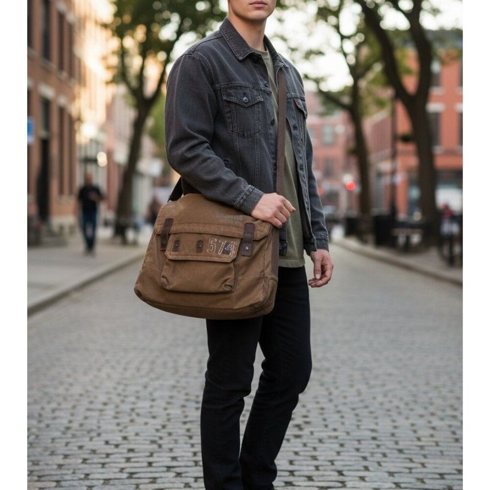 Fossil Vintage Issue No.574 Messenger Bag Canvas & Leather Olive Brown Adjustabl